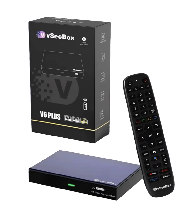 vSeeBox V6 Plus device, remote, and retail box