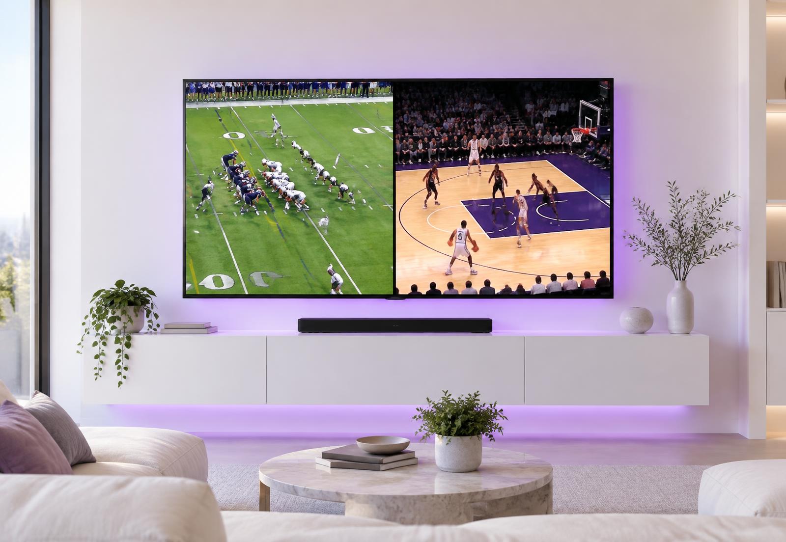 Television showing two live sports broadcasts side by side in split-screen